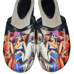 Icon wearable art printed leather mules clogs women’s size 6 made in Italy